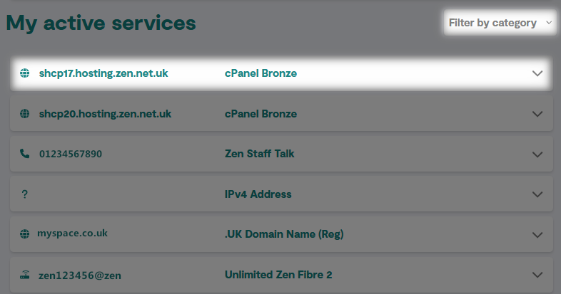 Select the cPanel account and an option to filter by category
