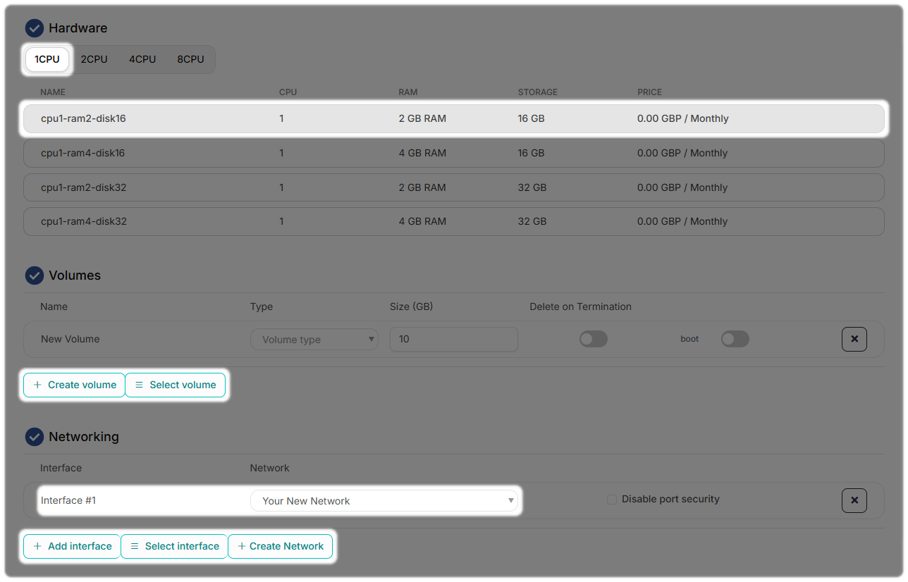 Server Hardware, Volumes and Networking options in CloudFlex