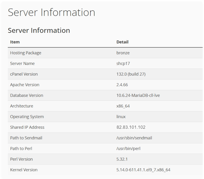 Server Information listing the software versions 