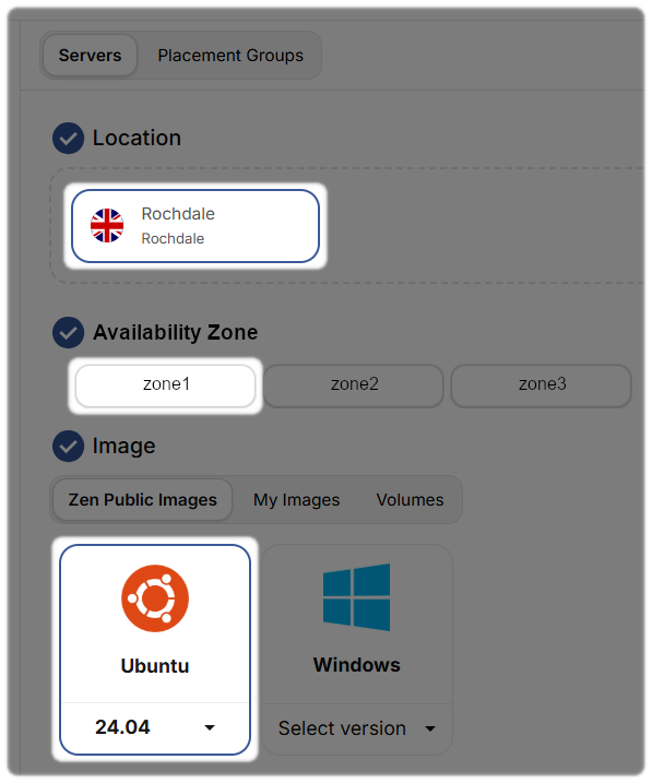 Create server location, zone and image example Ubuntu or Windows