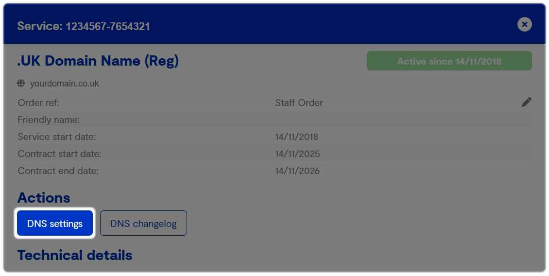 Service with DNS Settings highlighted under Actions