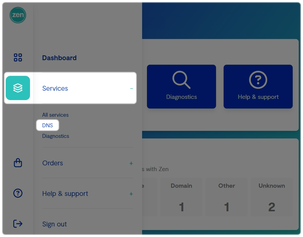 Services then DNS option highlighted