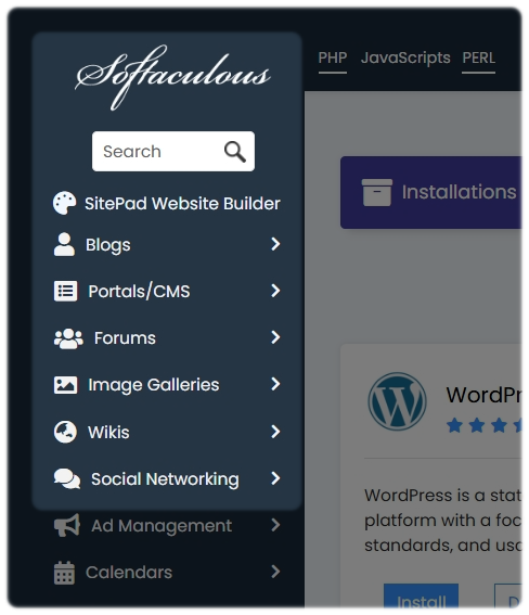 Softaculous Apps Index and Search options