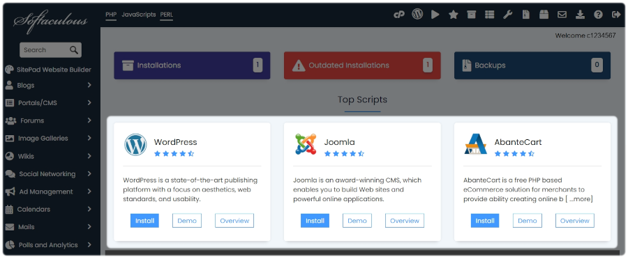 Softaculous app installer showing the Top Site Applications with the tile selections highlighted