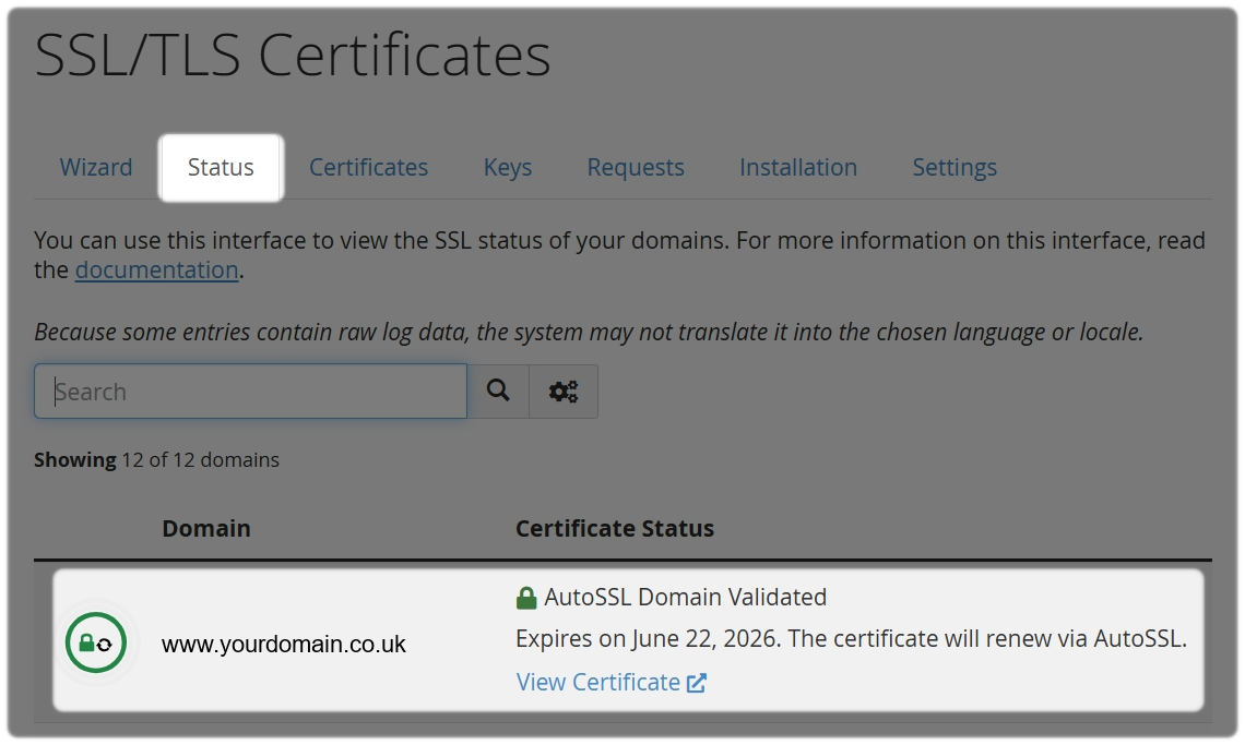 SSL/TLS Certificate page with Status and further information on its status highlighted