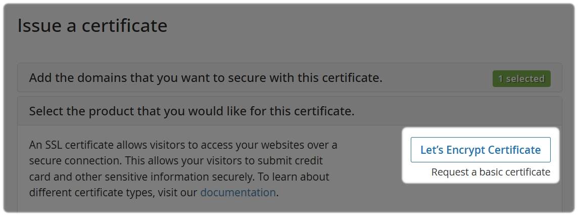 Issue a Certificate with Lets Encrypt option highlighted