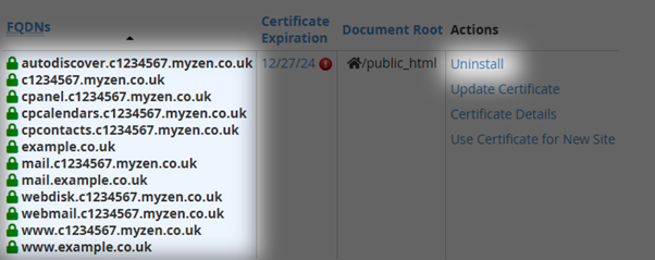 list of sites with the option to uninstall SSL highlighted