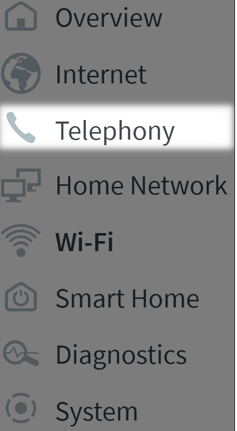 The main menu on the Fritz!Box highlighting Telephony