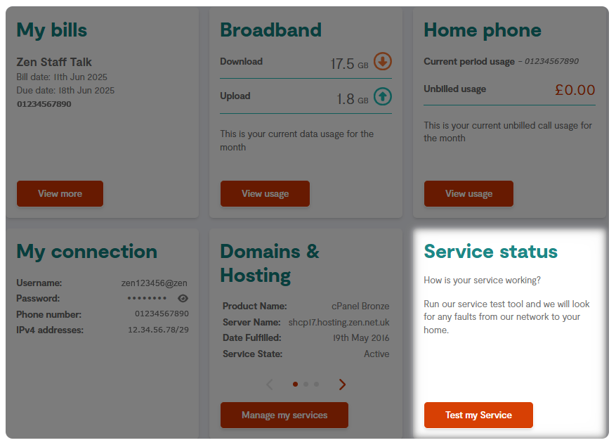 Customer portal page with test my service option highlighted