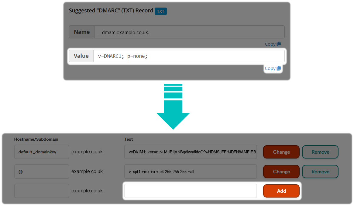 TXT DMARC Record box to add the record then select Add