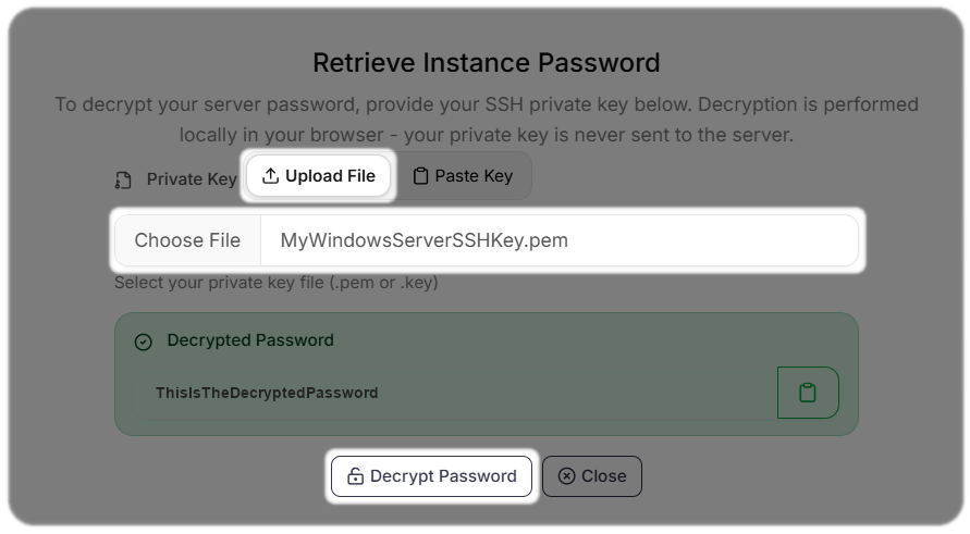 Upload File Option to Retrieve Password.