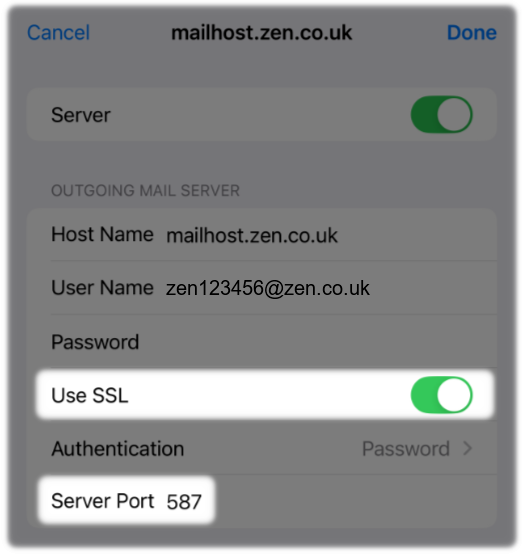 Use SSL is enabled and Server Port is 587
