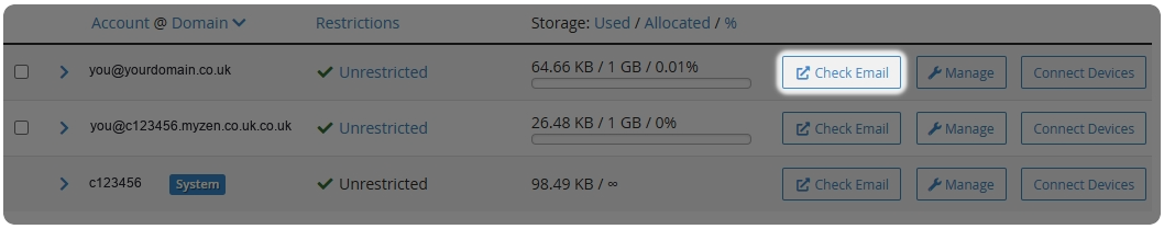 Webmail with Check Mail highlighted