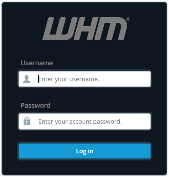 WHM Login details asking for Username, Password and the option to log in