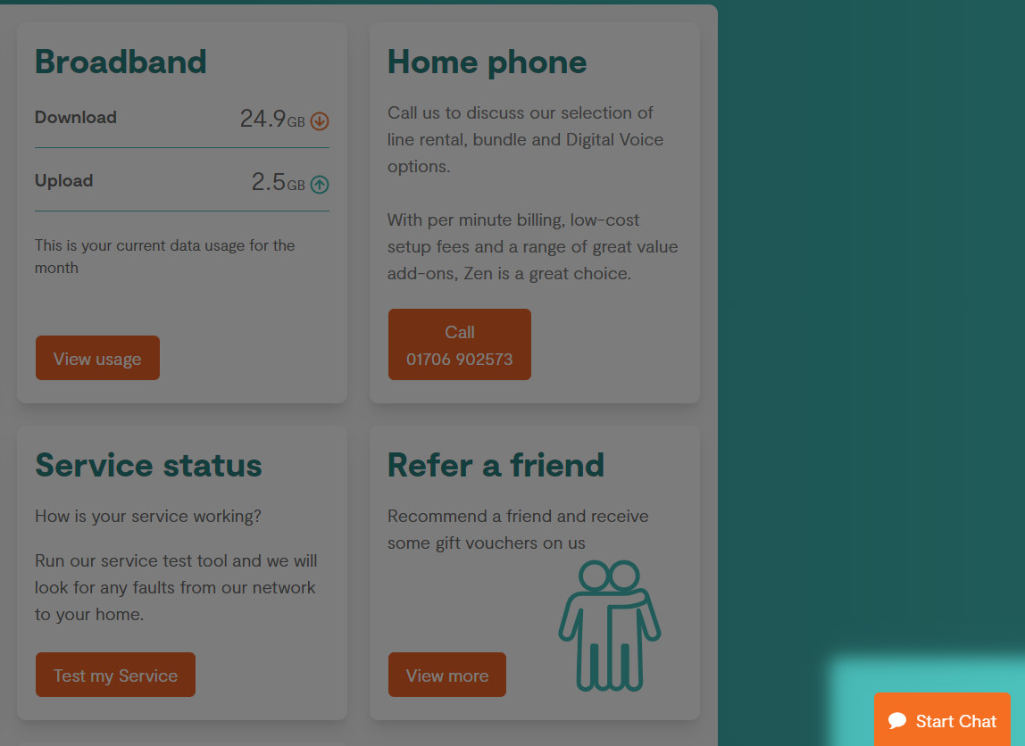 The Zen customer portal with the option for starting a chat highlighted in orange
