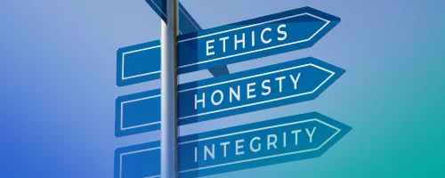 Street sign but instead of road names it says Ethics, Honesty and Integrity.